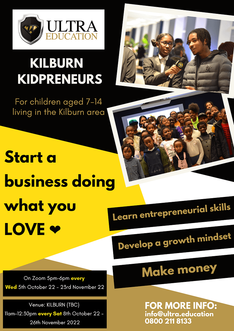 Read more about the article Weekly Kids Entrepreneurship Programme in Kilburn! for 7-14 yr olds (FREE)