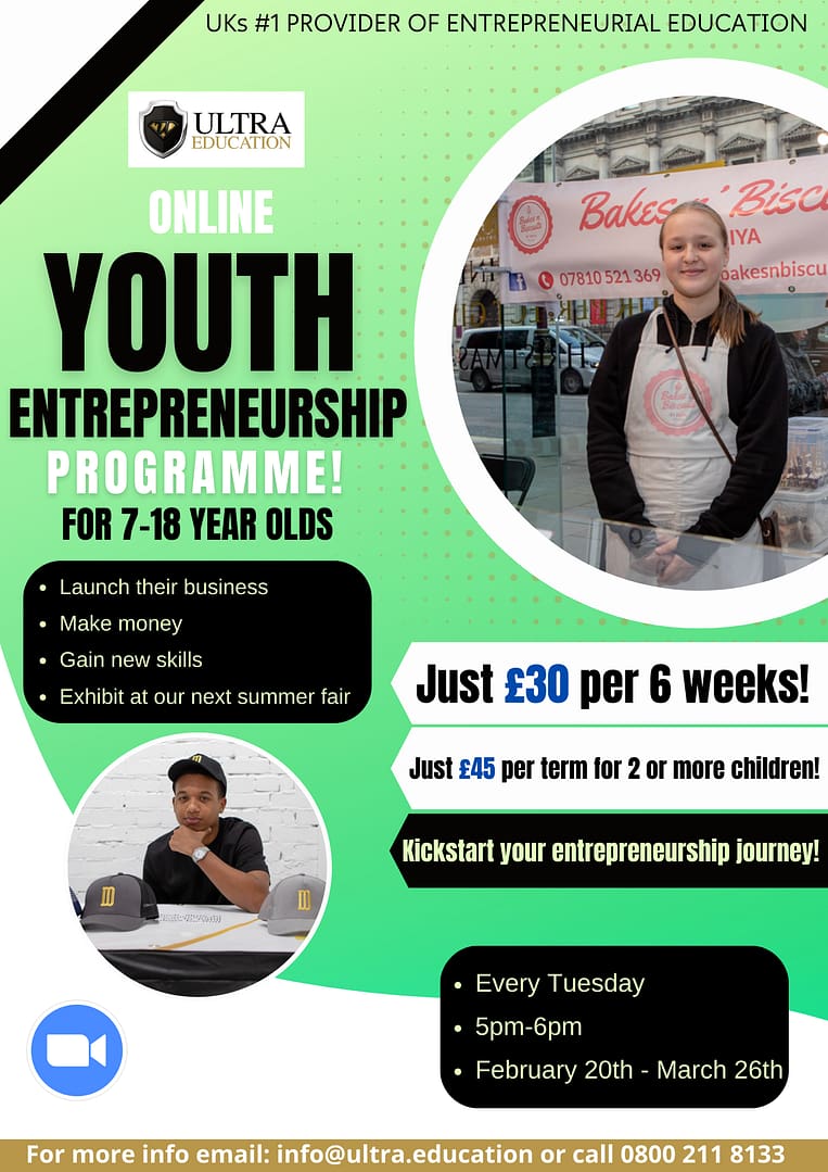 Read more about the article Online Weekly Youth Entrepreneurship Programme Feb-March For 7-18 yr olds (£30)